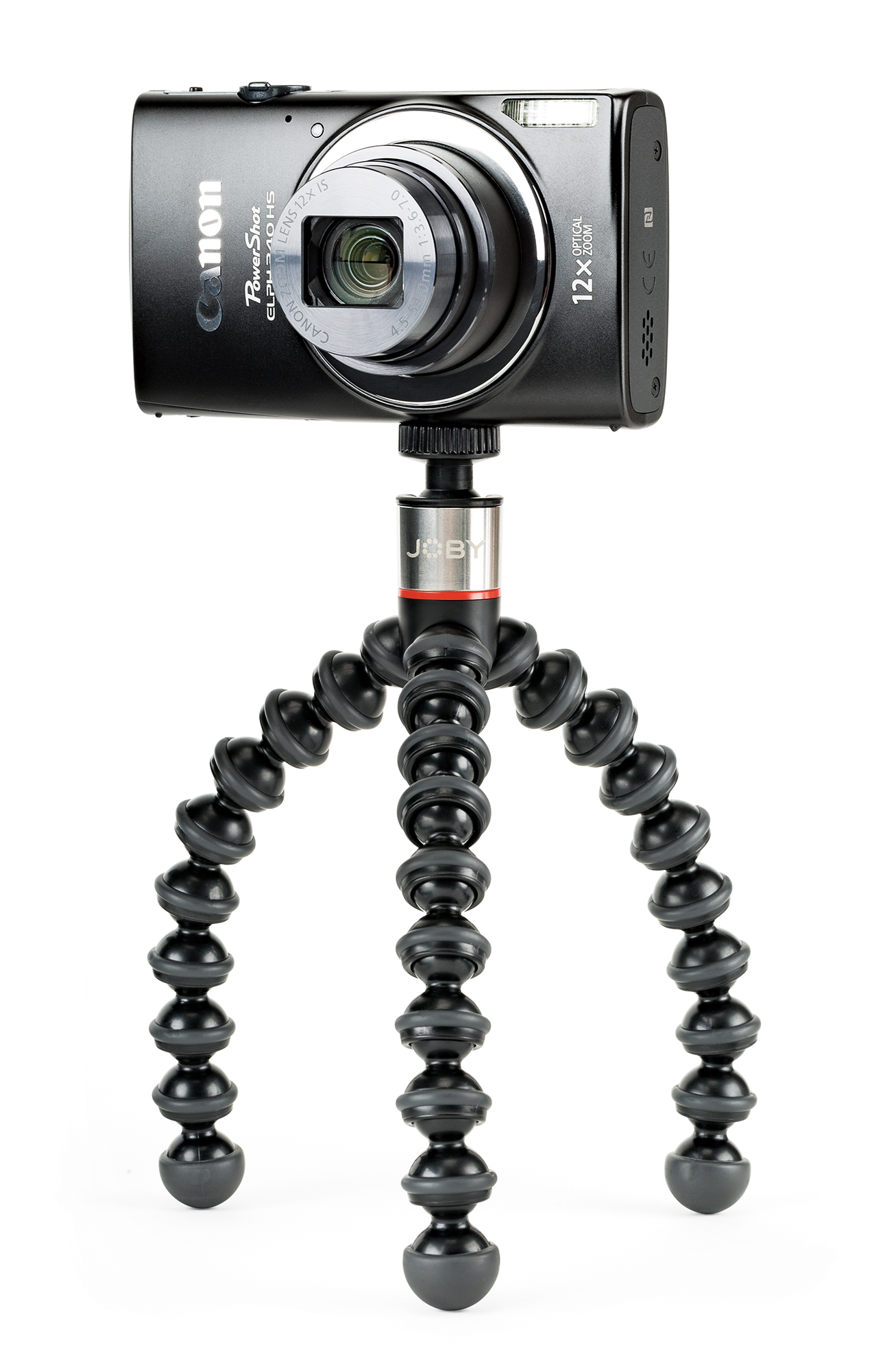 Black camera on a flexible tripod with black legs and red parts.