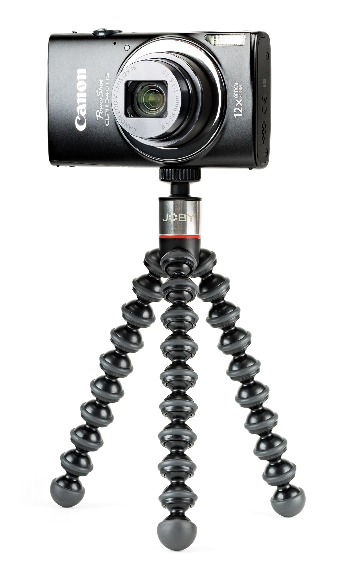 A camera on a flexible tripod, set against a white background.