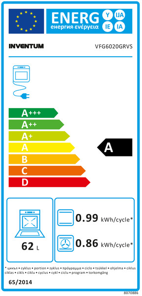 Energielabel. Toont een schaal van A+++ tot D, ovenmodel en details over energieverbruik.