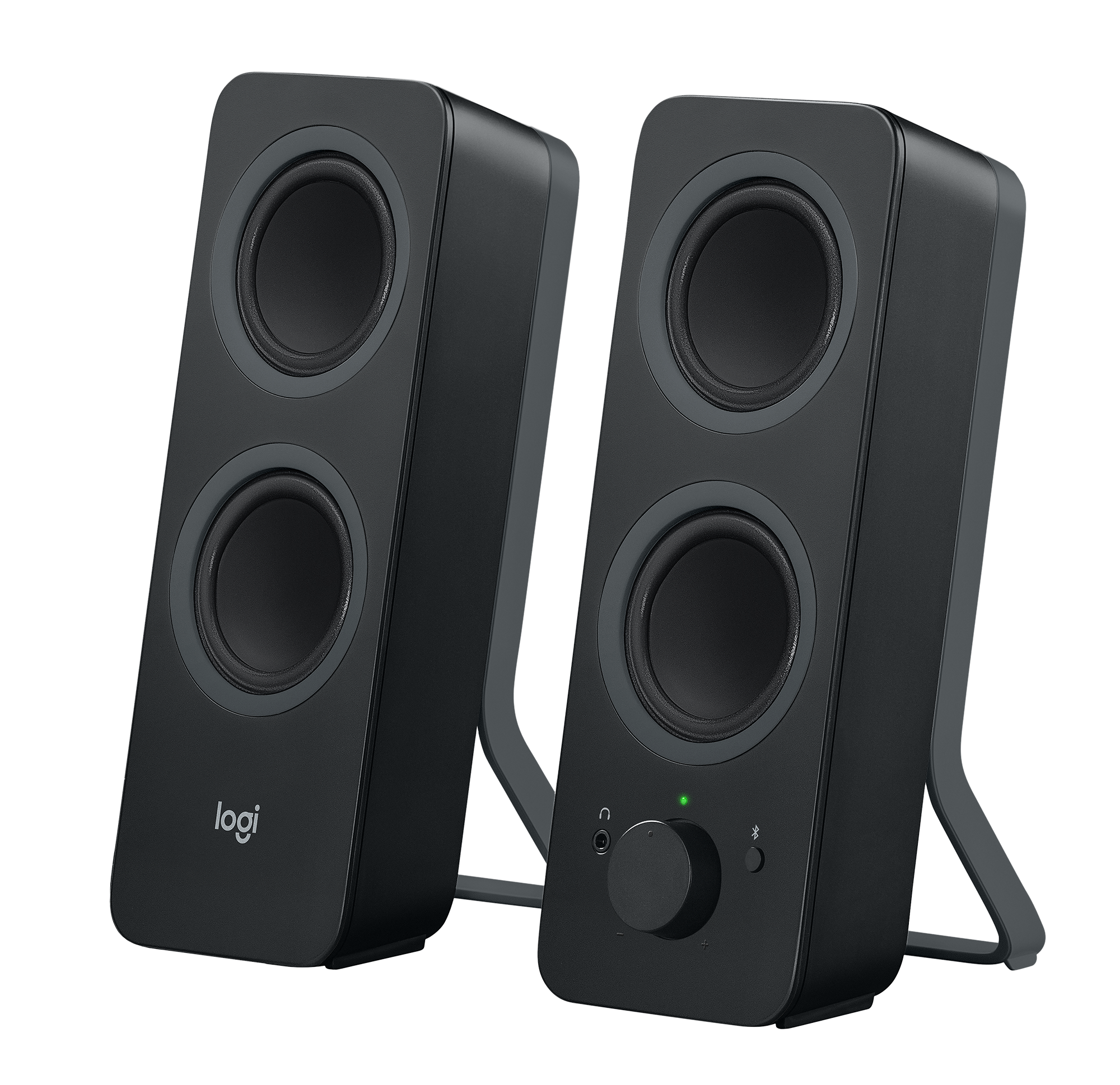 Two black Logitech computer speakers, with a volume control and a power light on the right speaker.
