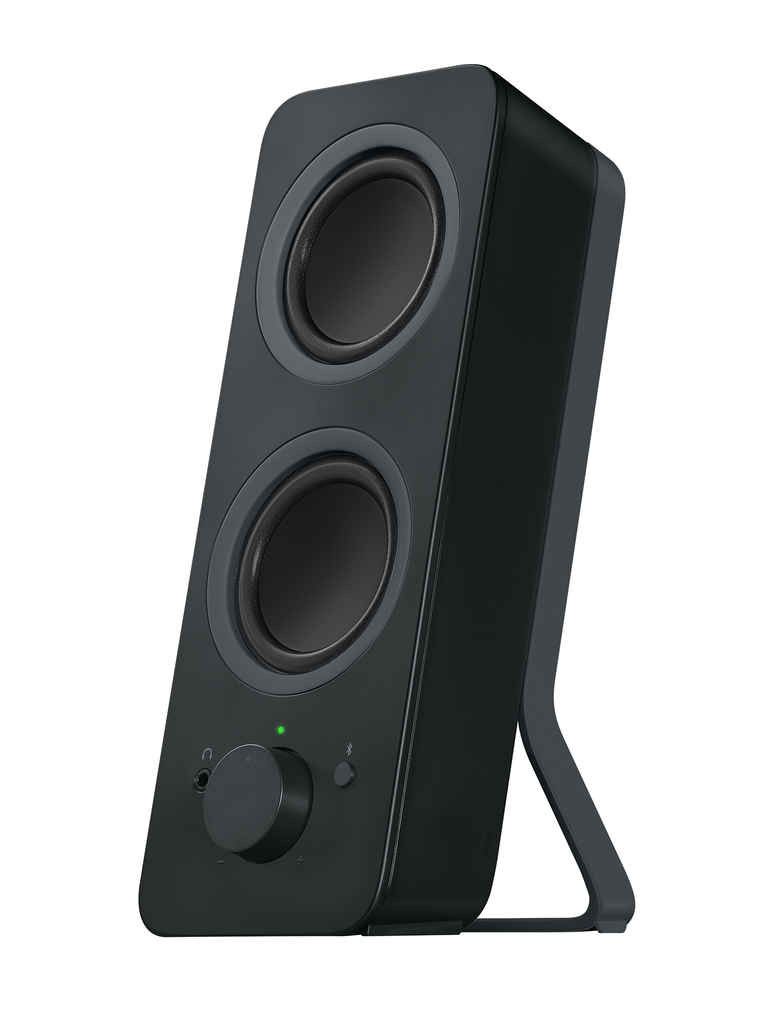 Black speaker with two drivers, a volume knob, and a stand. The background is black.