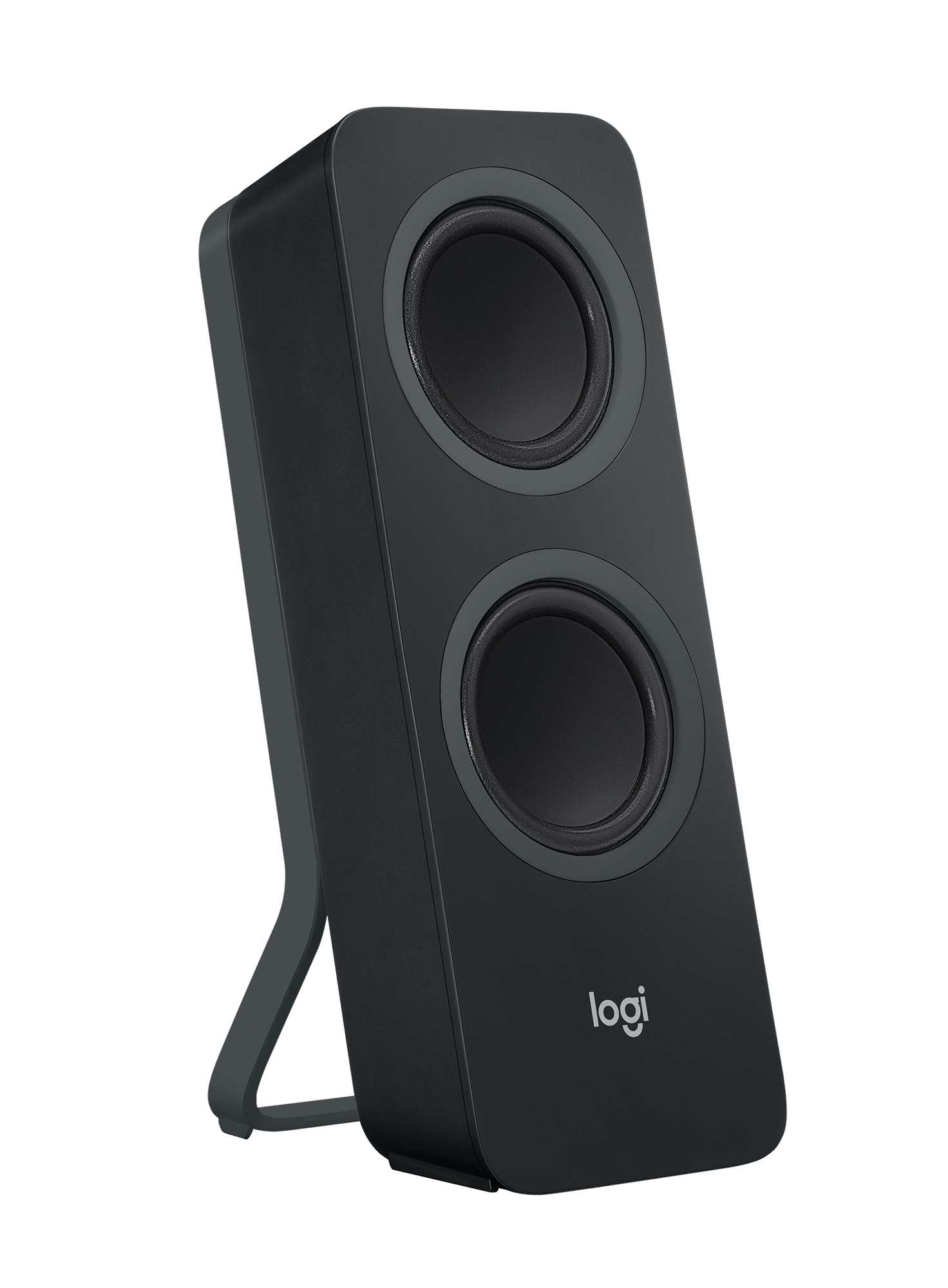 Black Logi speakers, two speakers side by side. They are on a white background.
