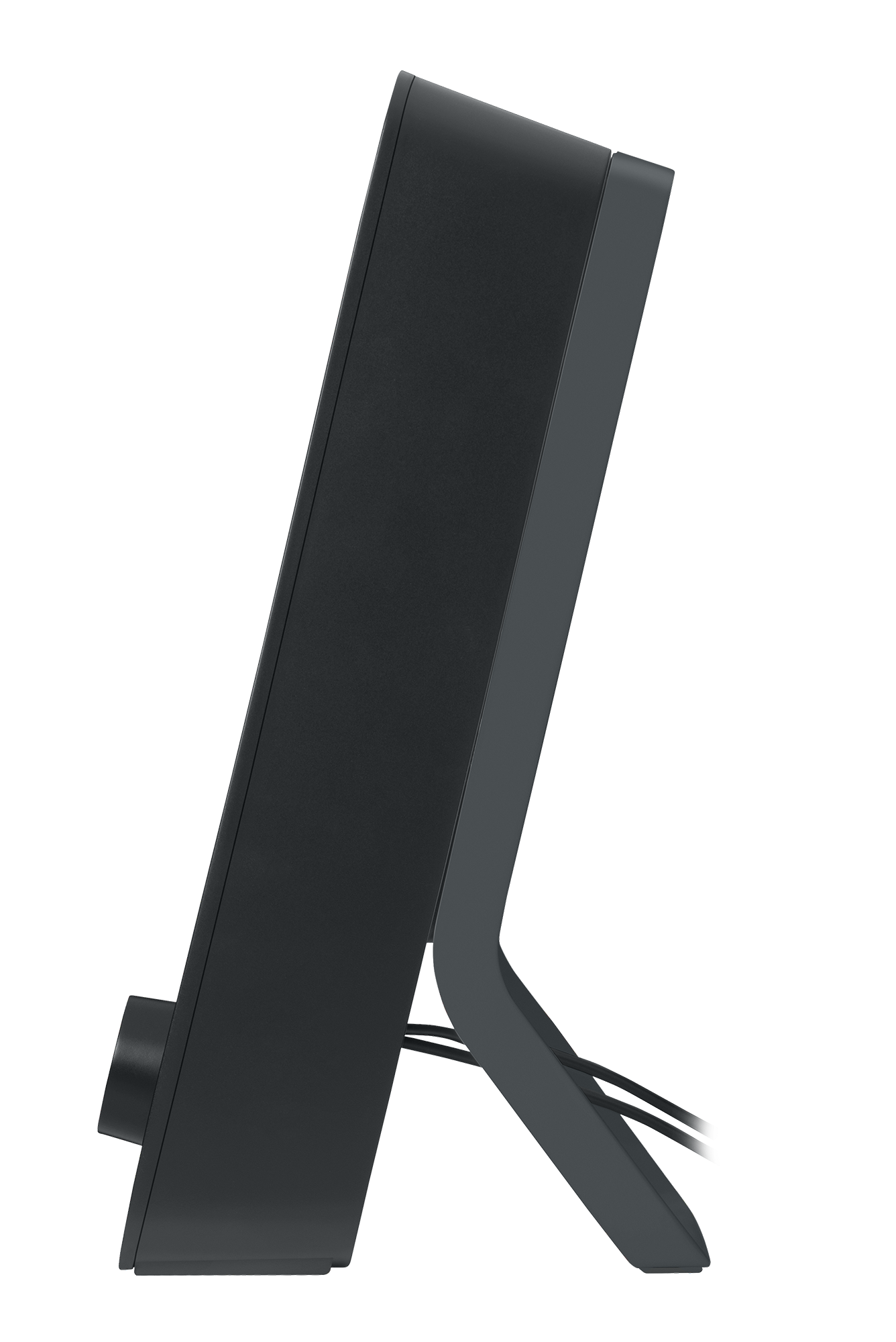Black computer speaker, leaning against a stand. It has a volume control knob.