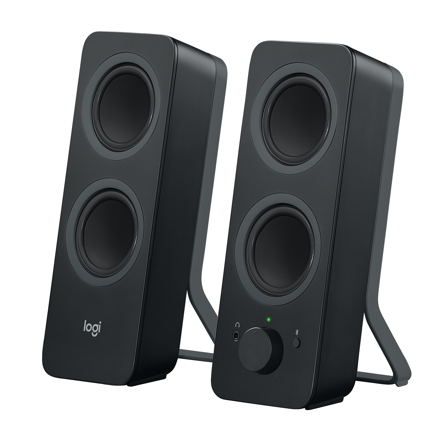 Two black speakers with a volume knob and a power indicator. White background.