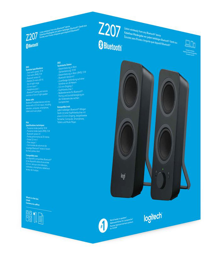 Black Logitech speakers in a box. The box has text and images on it. It is on a blue background.