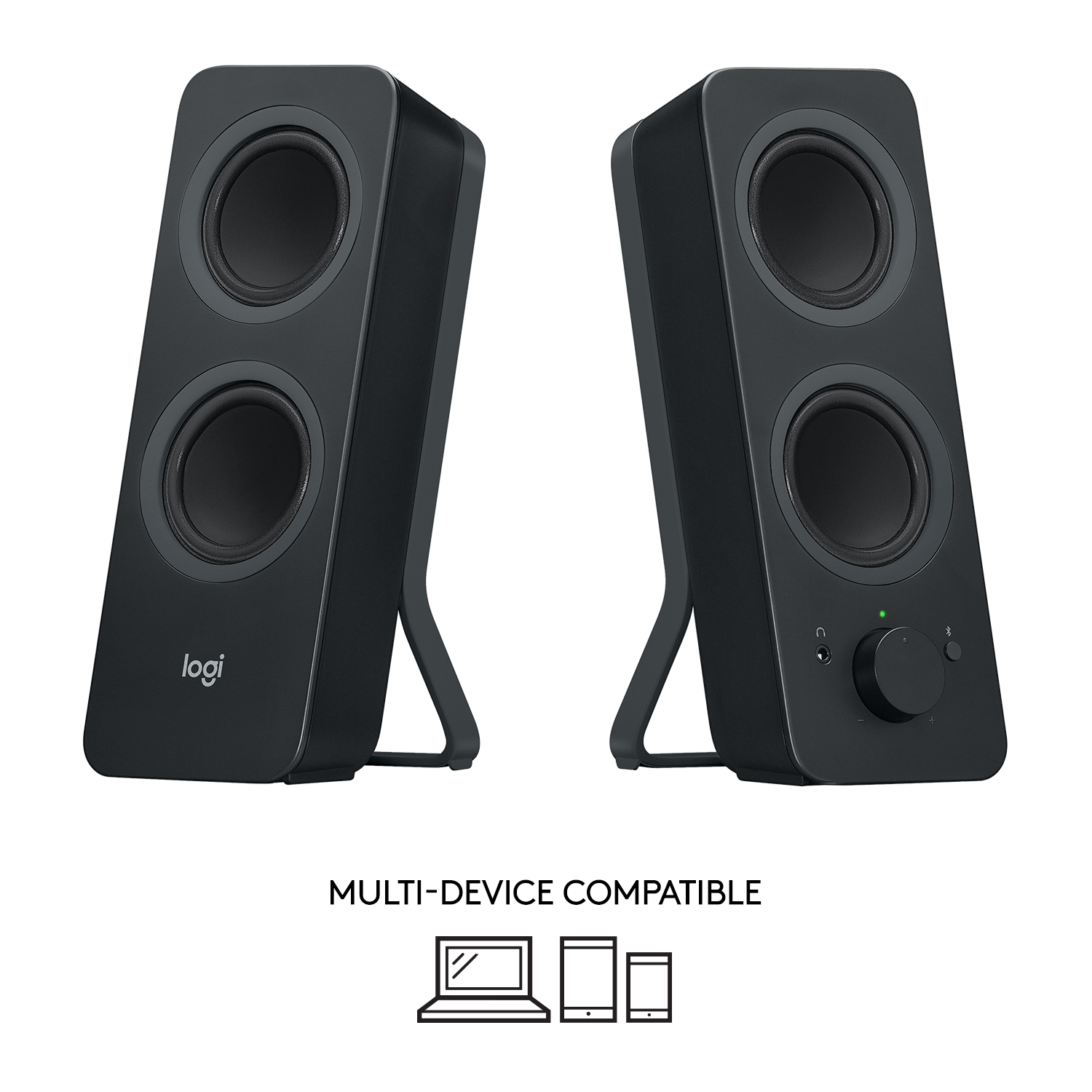 Two black Logitech speakers with the word “logi” on them. White background and text.