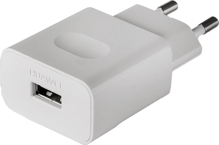 Fehér Huawei telefontöltő USB porttal és két fémcsatlakozóval. A töltőn a Huawei logója látható.