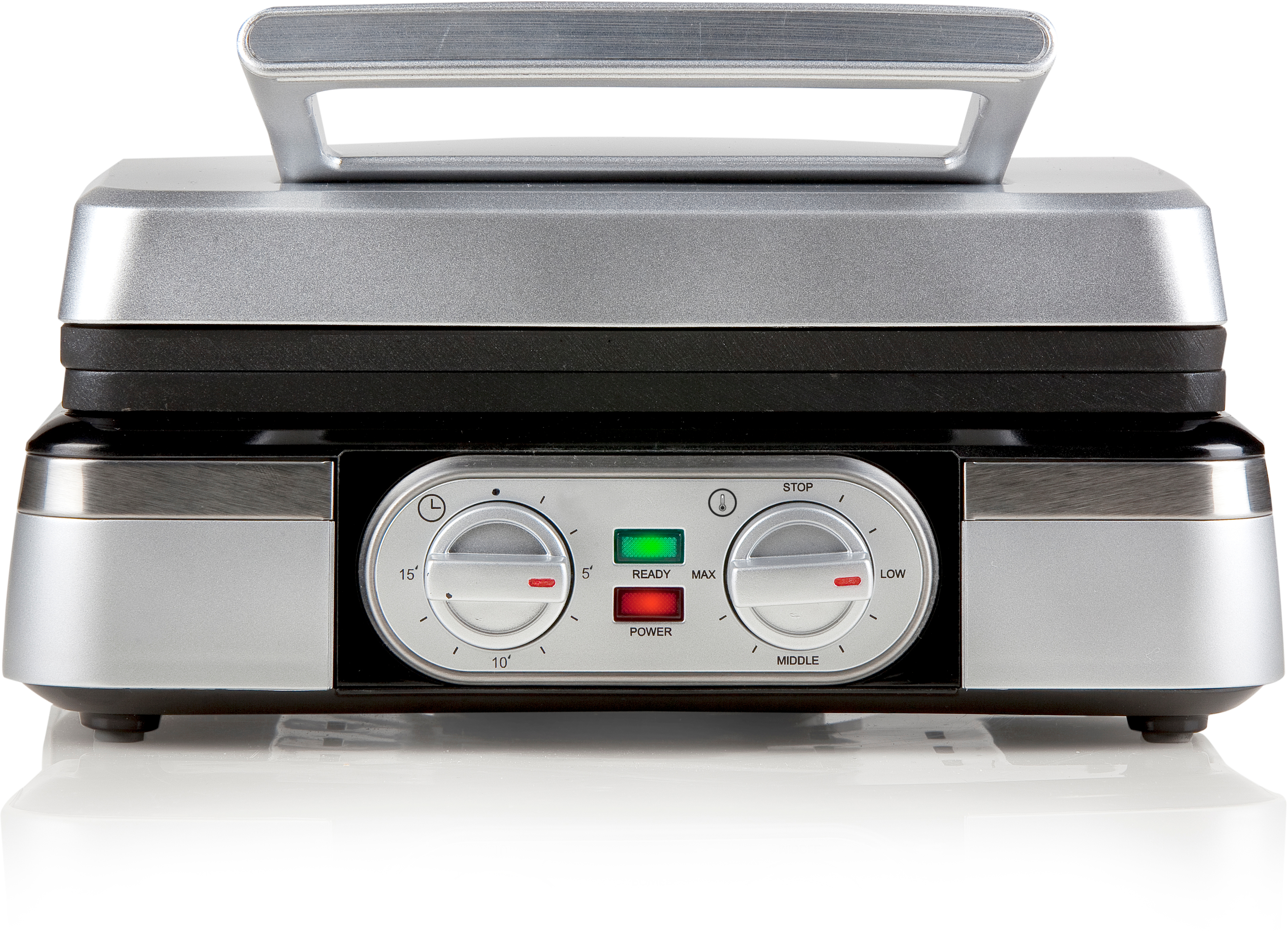 Silver grill. Two dials for time and temperature settings. Red and green indicator lights. White background.