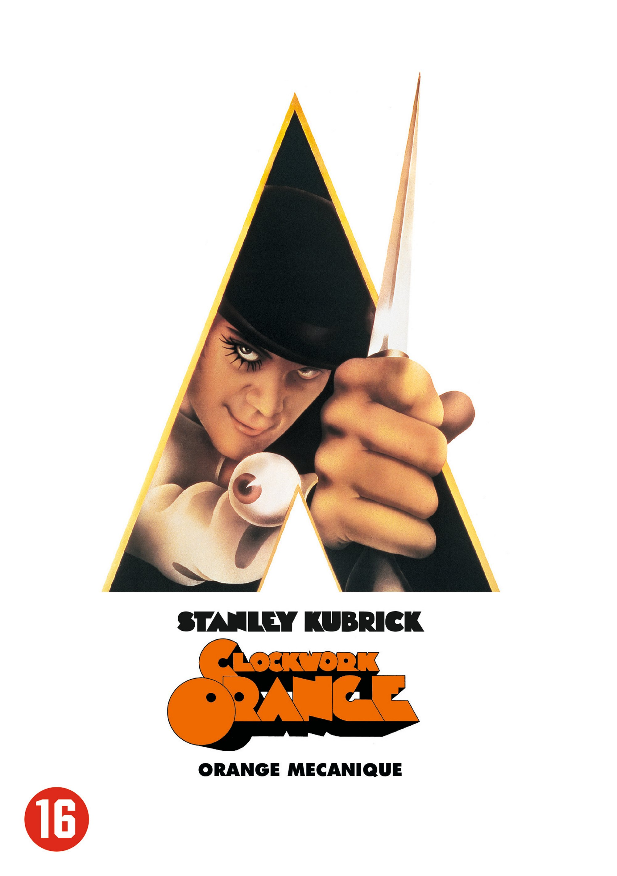 Filmposter voor Clockwork Orange met het A-logo en een man met een mes.