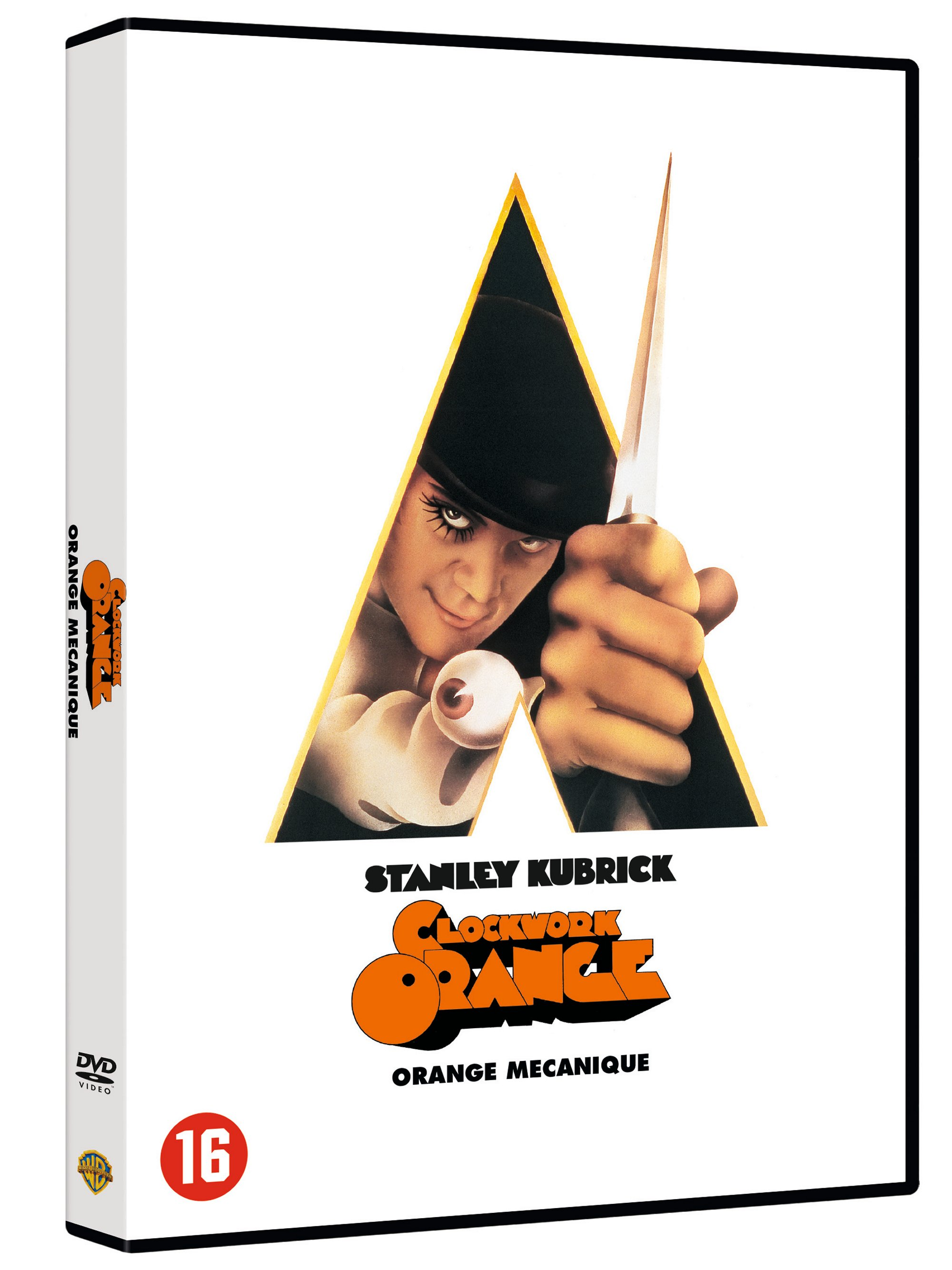 DVD-hoes van de film A Clockwork Orange met een afbeelding van een man die een mes vasthoudt.