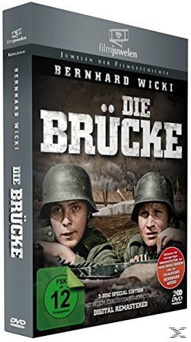 Eine DVD-Hülle für den Film „Die Brücke“. Das Cover zeigt zwei Soldaten mit Helmen. Die FSK-Einstufung ist 12.