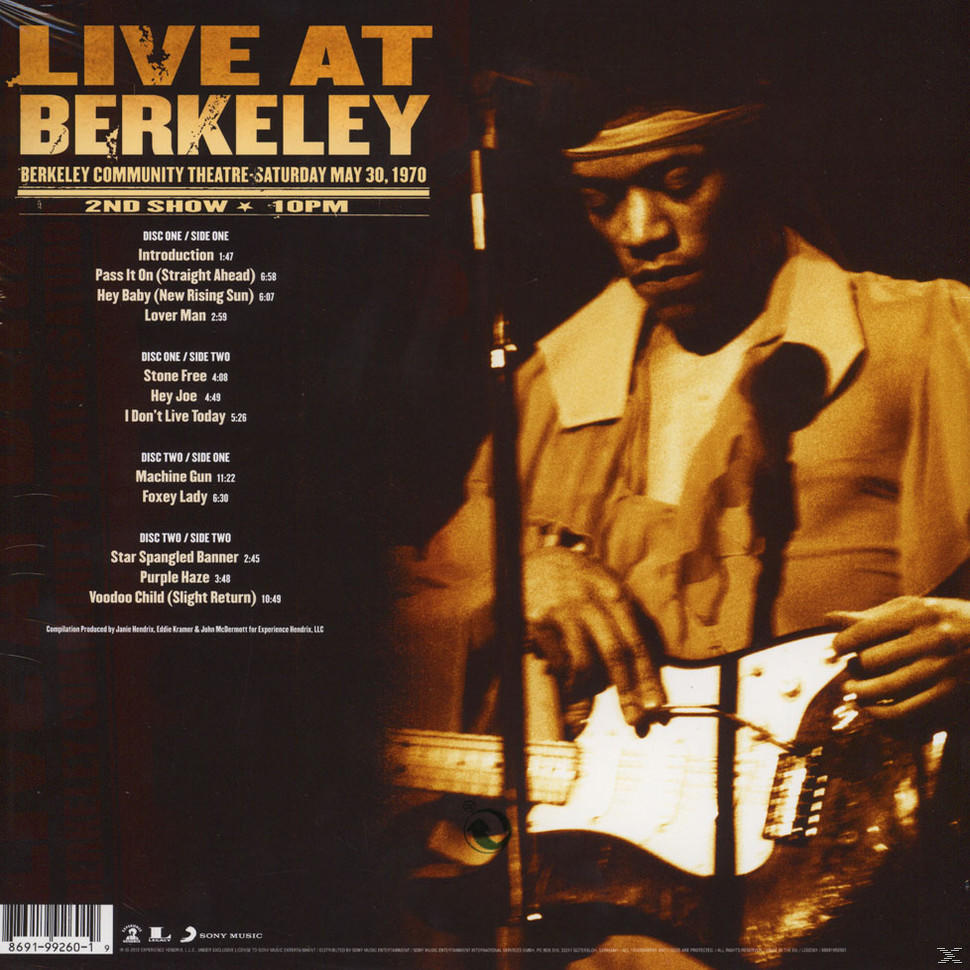 Albumcover von 'Live at Berkeley' von Jimi Hendrix, mit einem Schwarzweißfoto des Künstlers.