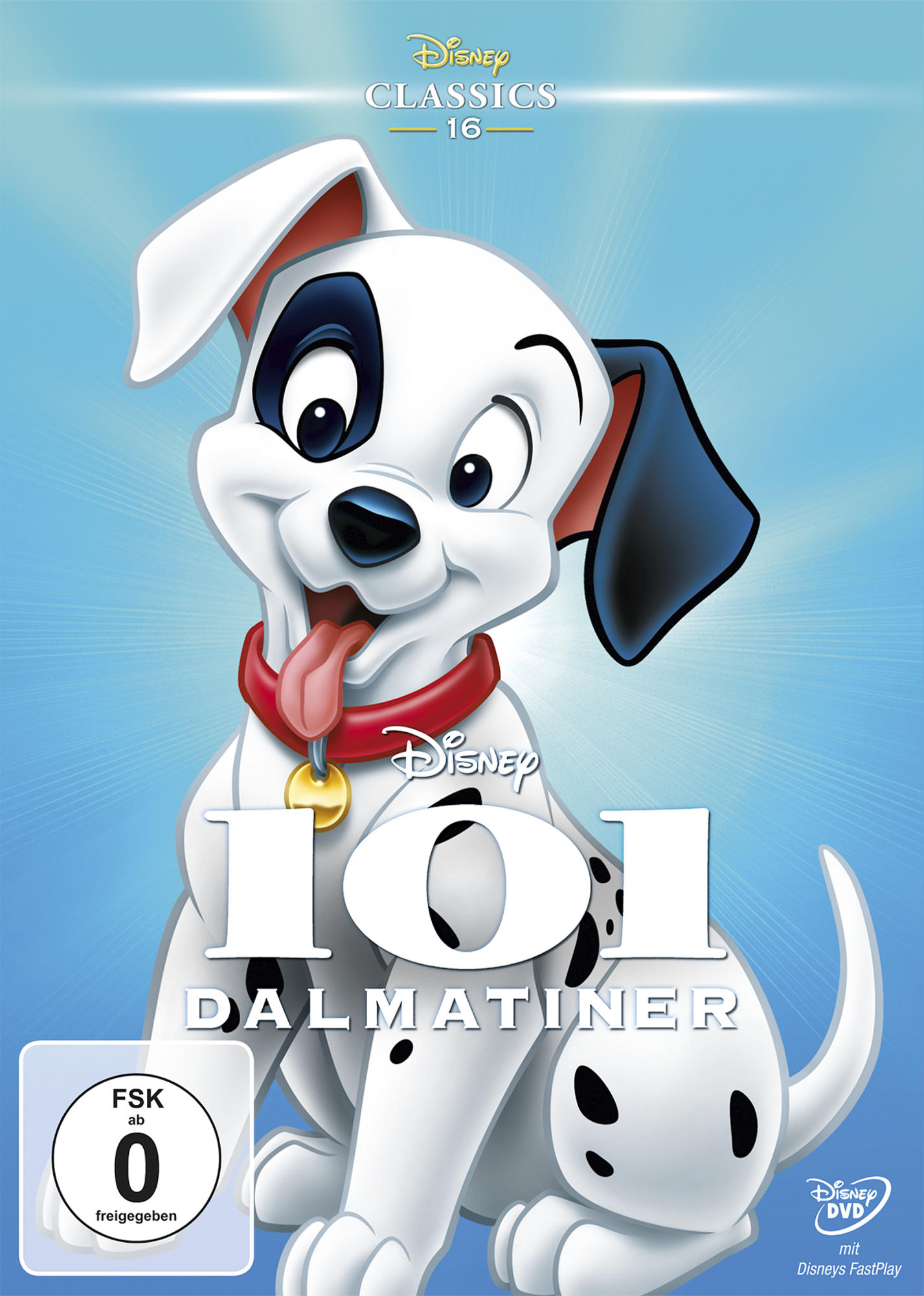 101 Dalmatiner DVD-Cover, Disney-Klassiker. Ein weißer Hund mit schwarzen Flecken und rotem Halsband.