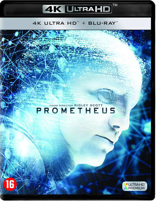 Prometheus filmcover. Een mensachtig gezicht staat centraal, met de titel en de naam van de regisseur eronder.