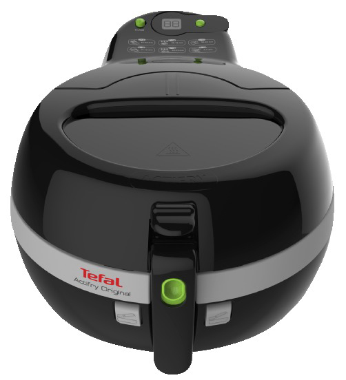 Schwarze Tefal Actifry Original. Es ist eine Fritteuse mit Deckel und grünem Knopf.