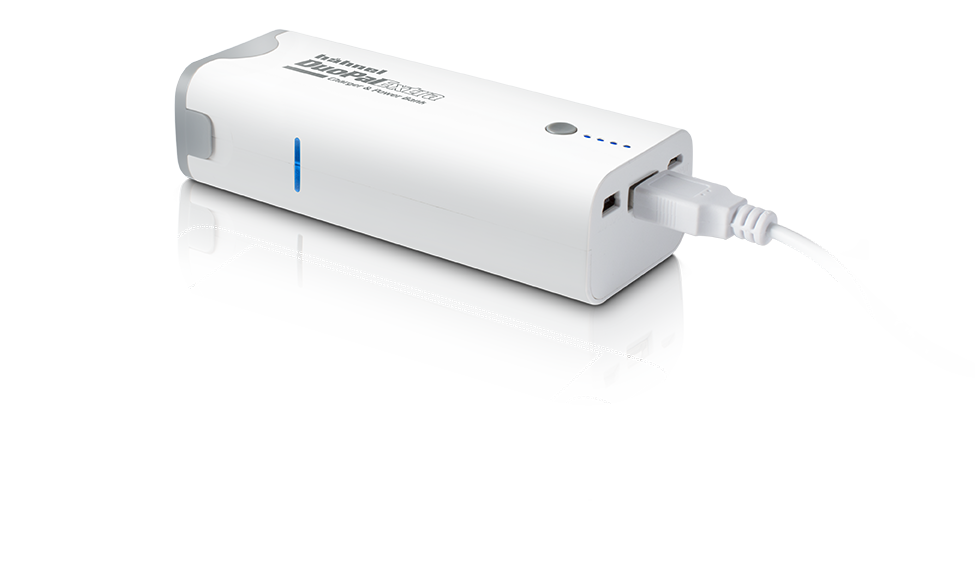 A white power bank with a cable attached. It is sitting on a reflective surface. The brand name is visible.