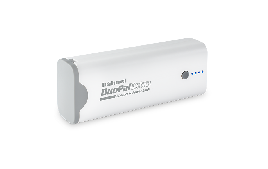A white Hähnel DuoPal Extra charger and power bank. It has gray accents and blue charge indicator lights on the side.