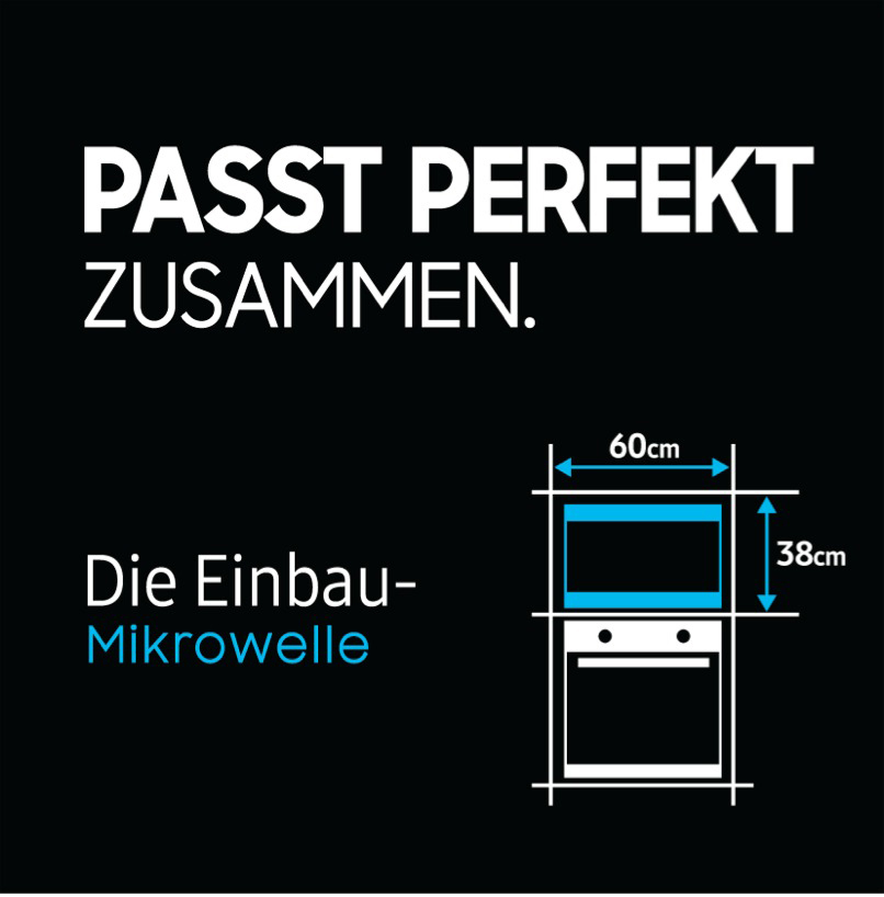 Diagramm mit Abmessungen für einen Einbau-Mikrowellenherd.