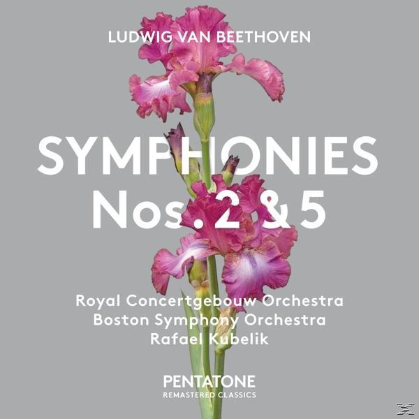 Albumcover mit lila Blumen. Titel: Symphonien Nr. 2 & 5. Interpret: Ludwig van Beethoven.