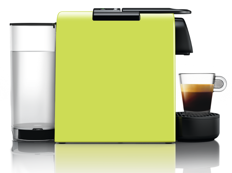 Lime zöld Nespresso gép egy pohár kávéval.