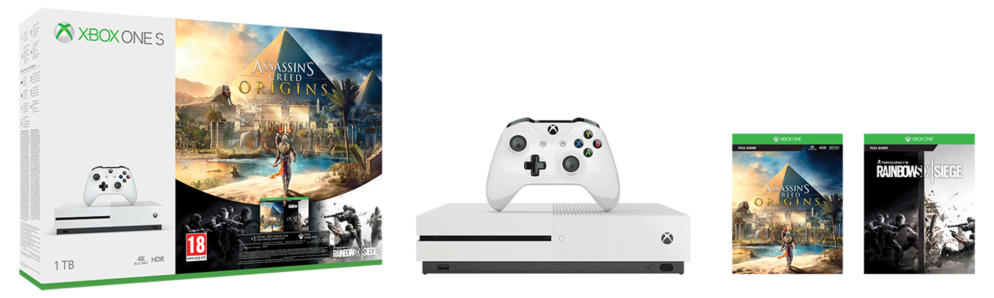 MICROSOFT Xbox One S 1TB + Assassin’s Creed Origins + Rainbow Six Siege