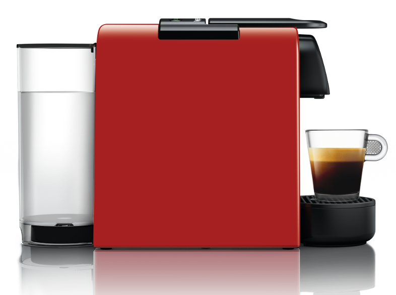 Piros Nespresso gép pohárral és kávéval.