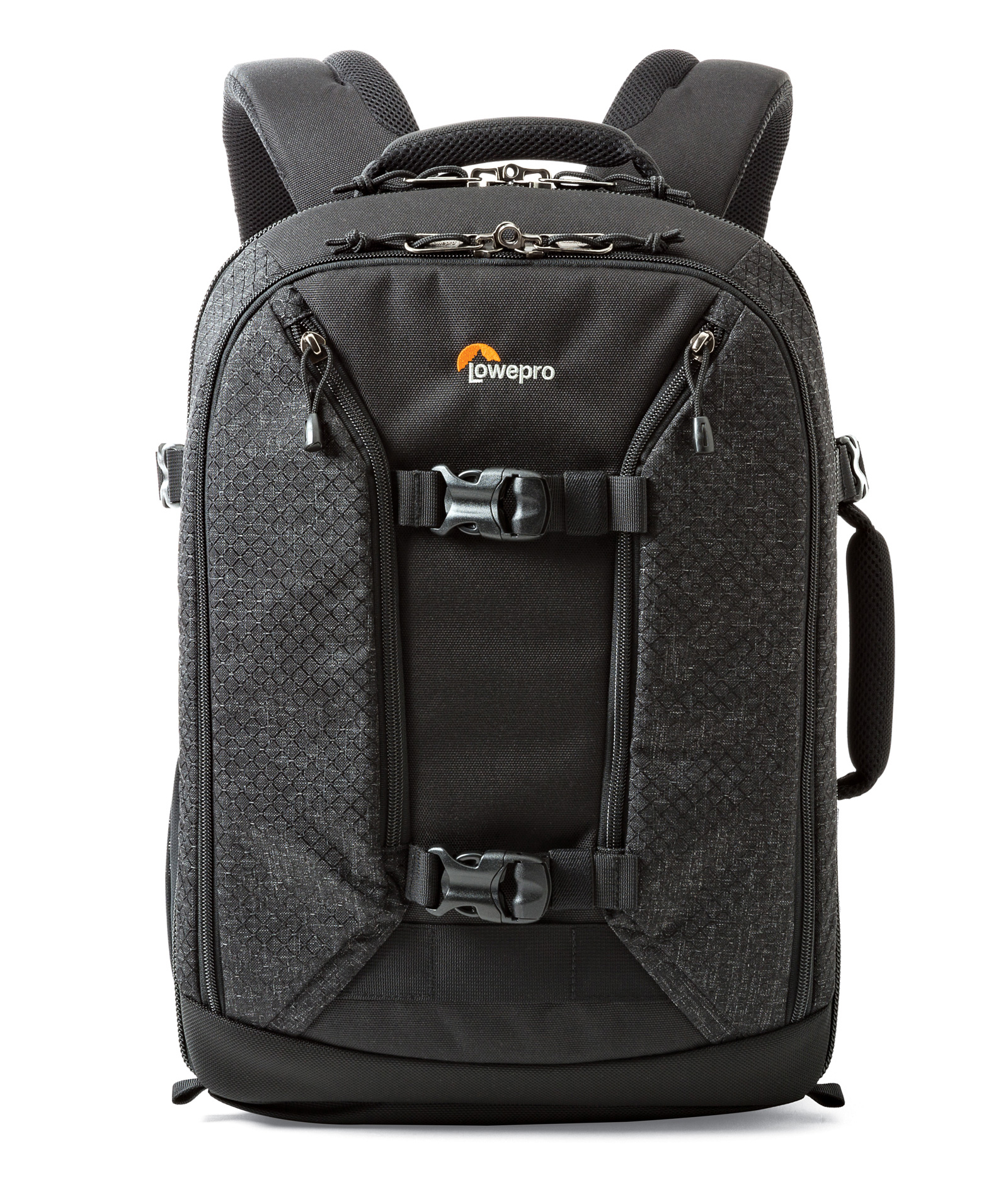 Black Lowepro camera backpack. It has a textured pattern, multiple compartments, straps, and a handle. The Lowepro logo is visible.