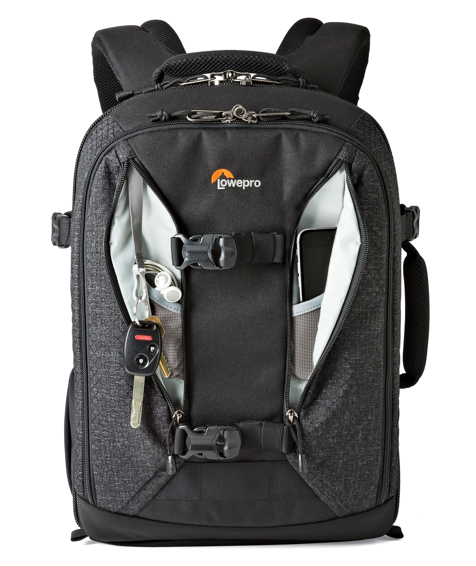 Black Lowepro backpack with multiple compartments. Contains keys, phone, and headphones. Zippers and buckles are visible.