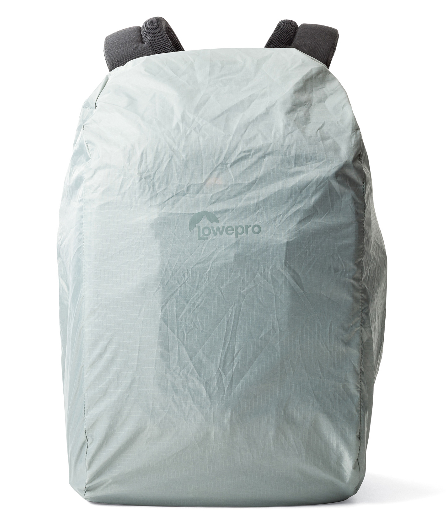 A gray backpack covered with a light blue rain cover. The LowePro logo is visible. Black straps are at the top.