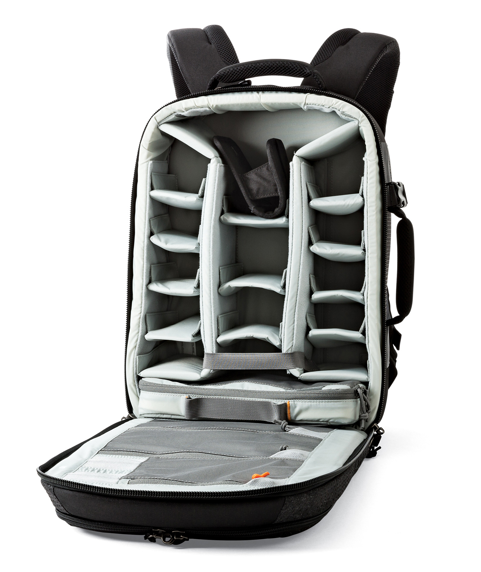 Black camera backpack, open to show interior compartments. Gray dividers and padding. White background.