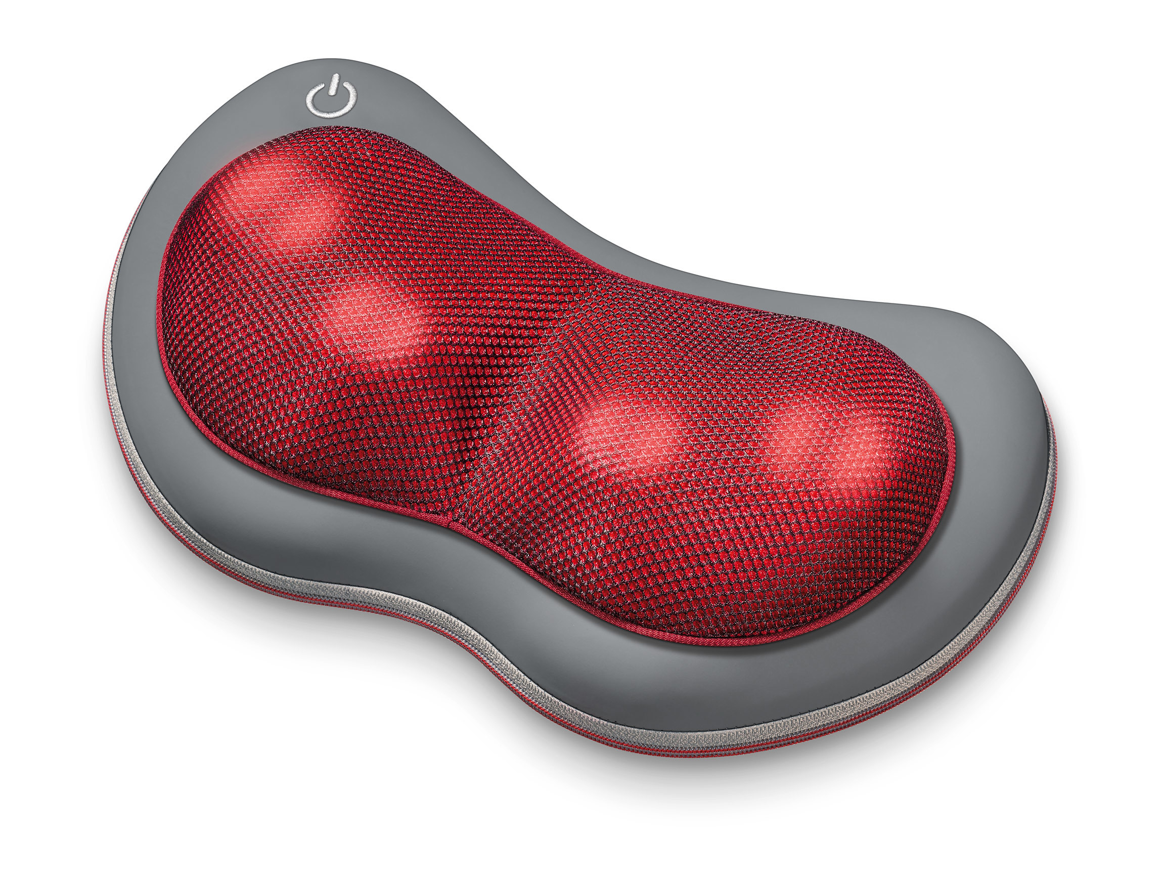 Graues Massagekissen mit roter Netzoberfläche und einem Einschaltknopf.