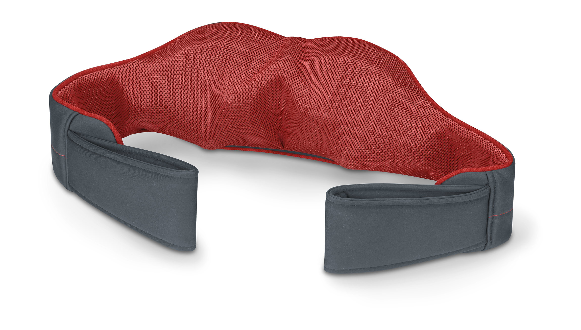Graue Massage-Wickel mit rotem Netz an der Innenseite und zwei grauen Gurten, die sich von den Seiten erstrecken.