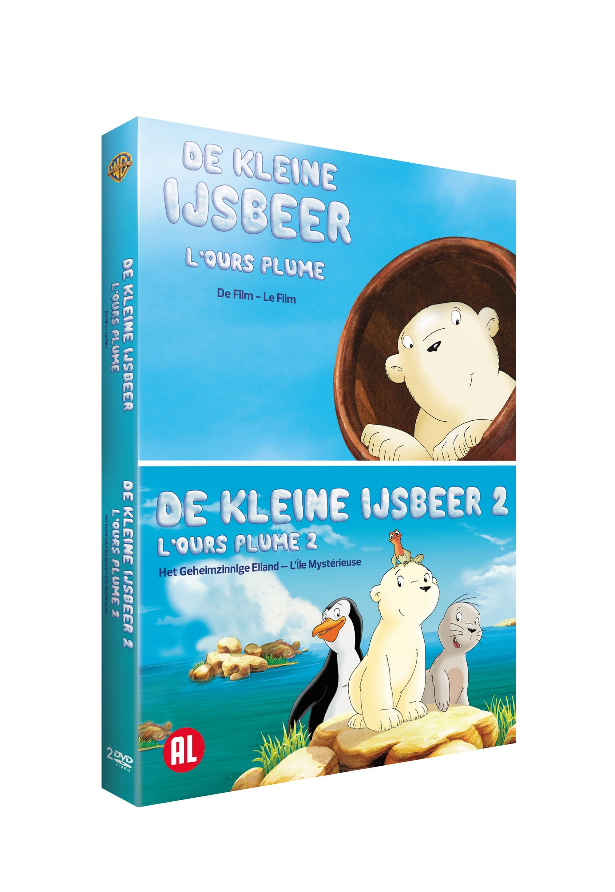 Twee dvd's van Little Bear-cartoons. Eén toont een beer in een kom, de andere een beer met vrienden.