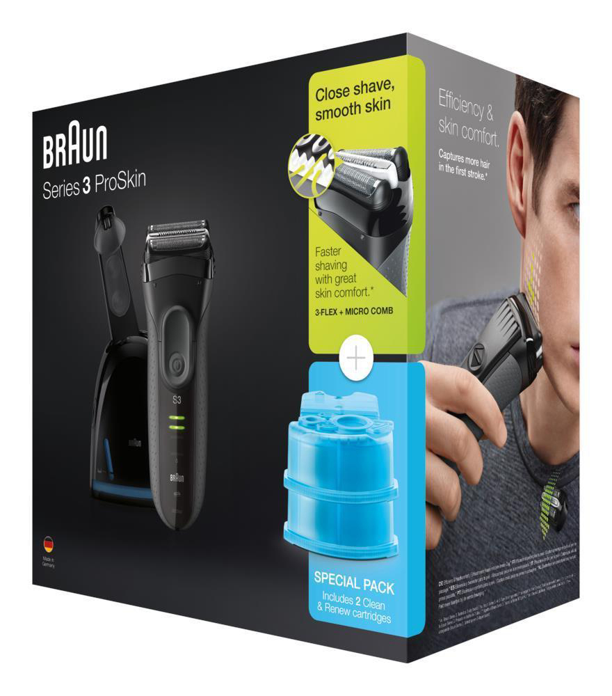 Eine Packung des Braun Series 3 ProSkin Rasierers. Die Verpackung zeigt den Rasierer und seine Reinigungsstation.