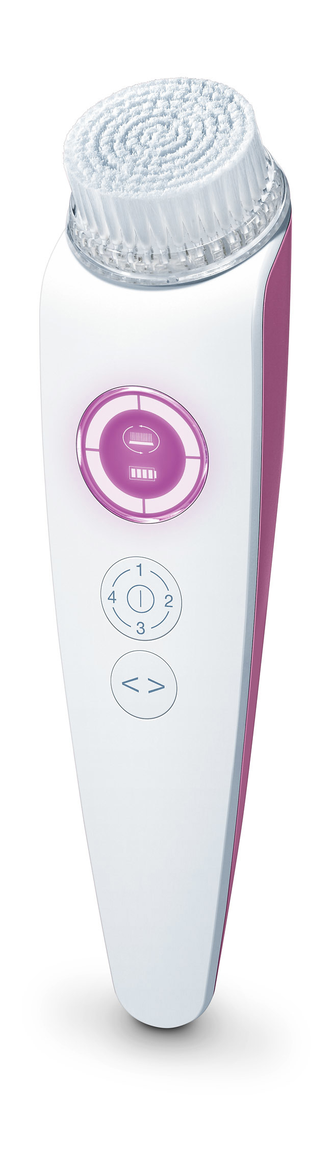 Weiß-rosa Gesichtsreinigungsbürste. Runder Bürstenkopf und Steuertasten. Zeigt Batterie.