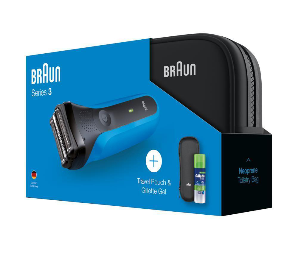 BRAUN Series 3 310s + Kulturbeutel, Reiseetui, Gillette Gel Rasierer Schwarz/Blau  (MicroComb Technologie, Reinigungsstation: Nein)
