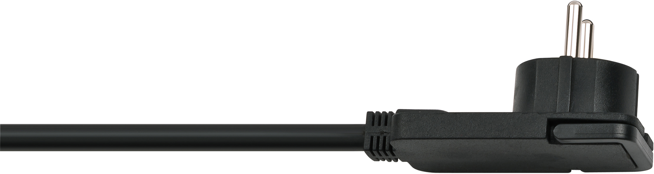 Schwarzes Netzkabel mit Winkelstecker auf weißem Hintergrund.