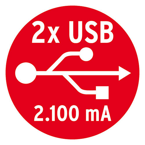 Ein roter Kreis mit einem USB-Symbol, dem Text "2x USB" und "2.100 mA" in Weiß.
