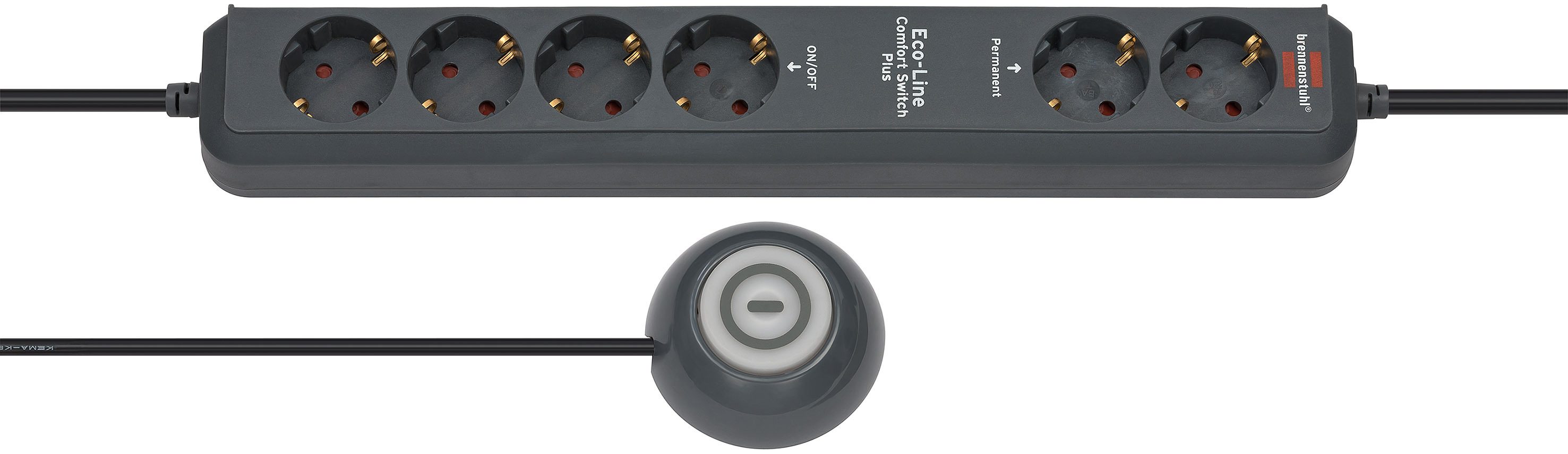 Eine dunkelgraue Steckdosenleiste mit sieben Steckdosen und einem Ein-/Ausschalter, mit separatem Stecker.