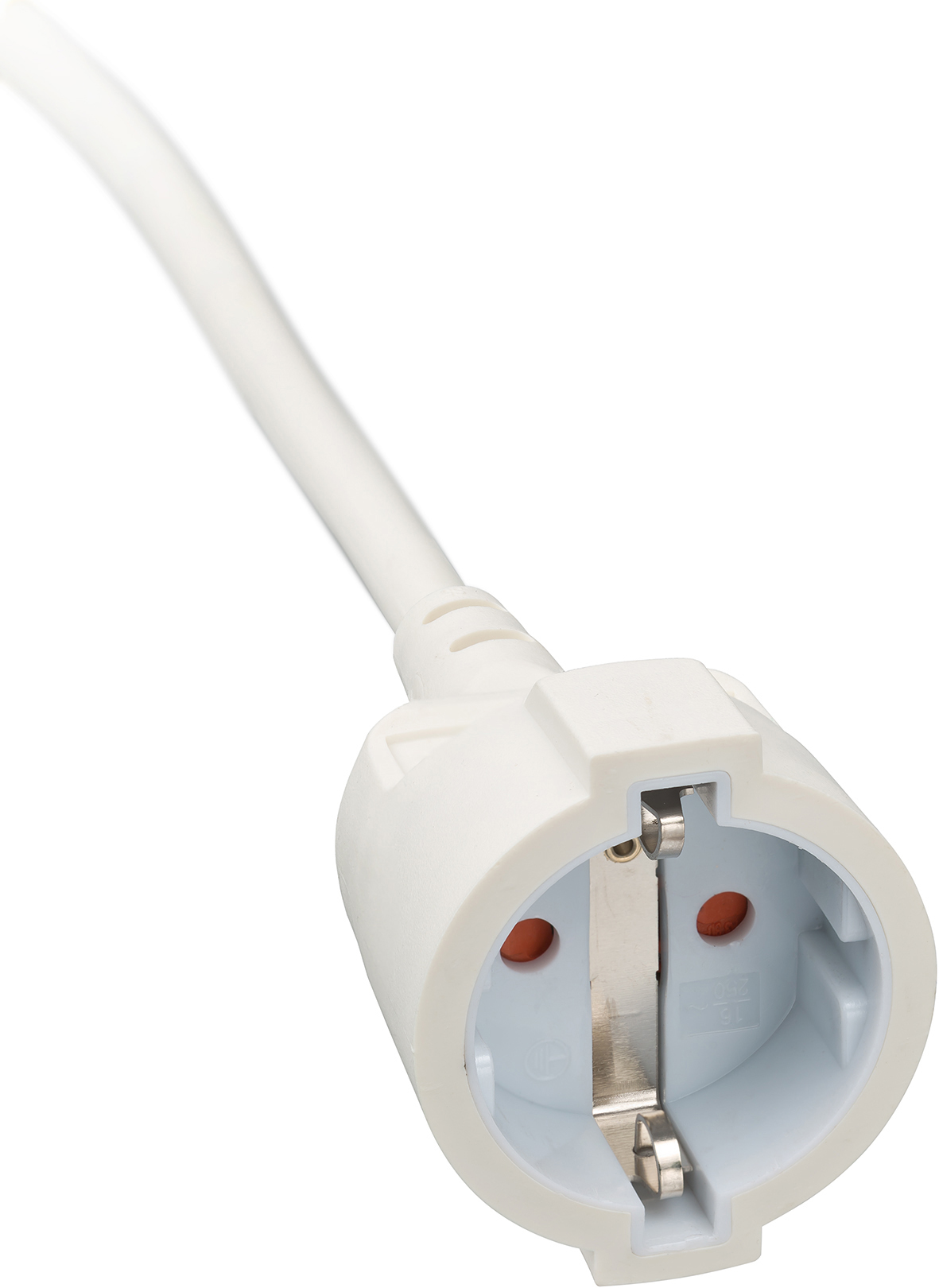 Ein weißer Netzstecker mit weißem Kabel. Der Stecker hat zwei Löcher für die Stifte und einen Metallerdungsclip.