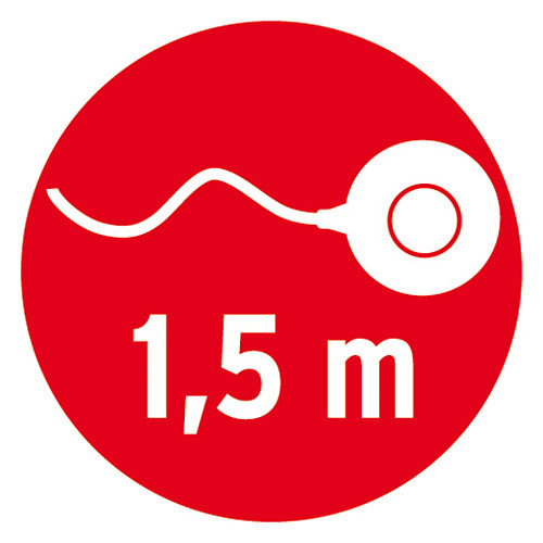 Rotes rundes Warnschild mit weißem Symbol und Text '1,5 m'.