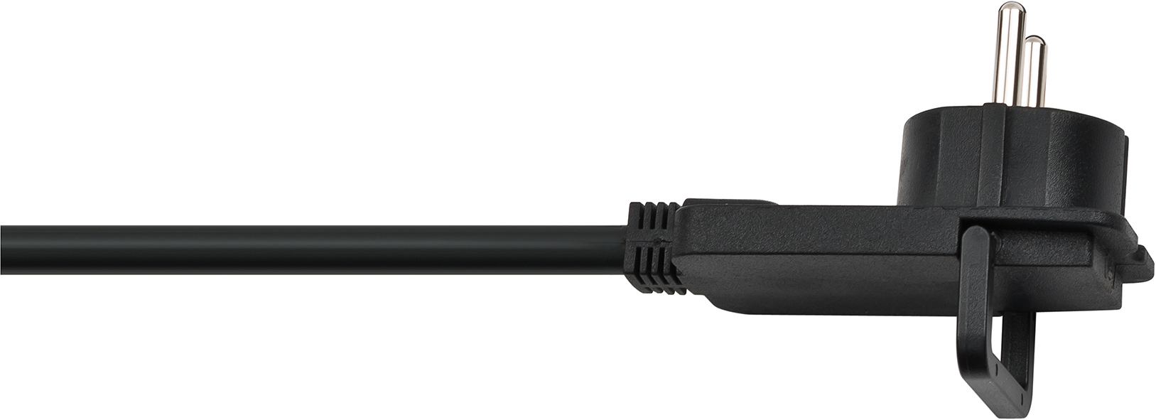 Schwarzes Netzkabel mit Eurostecker und Stecker, auf weißem Hintergrund.