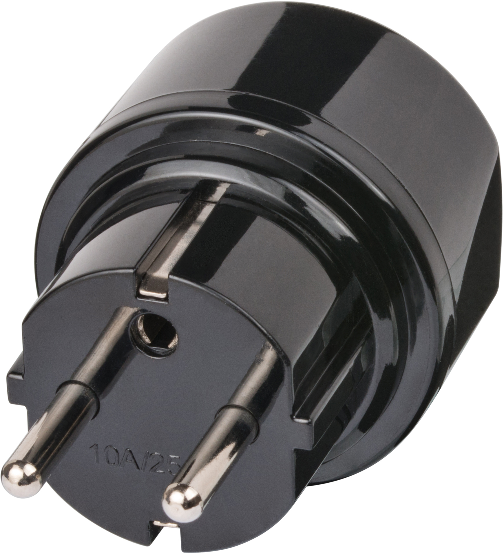 Schwarzer, glänzender Netzadapter mit zwei Stiften. Mit 10A/250V gekennzeichnet.
