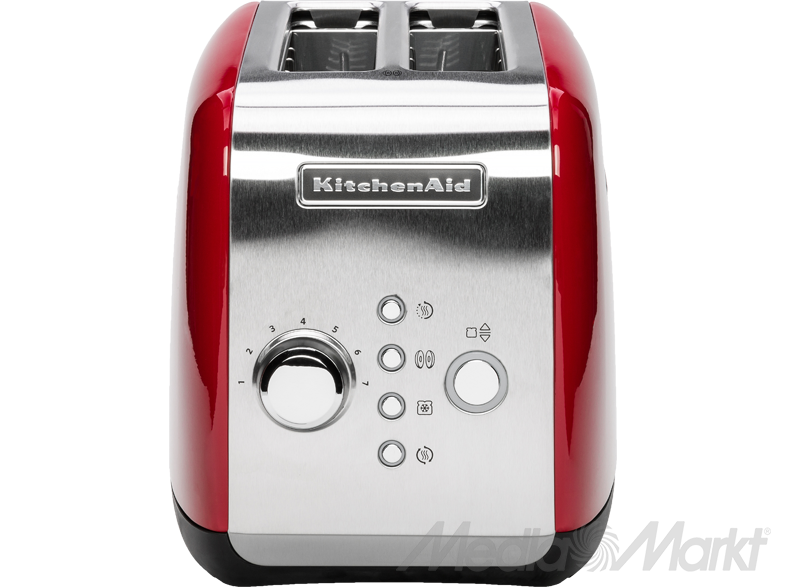 Piros KitchenAid kenyérpirító rozsdamentes acél előlappal. Gombokkal és KitchenAid logóval.