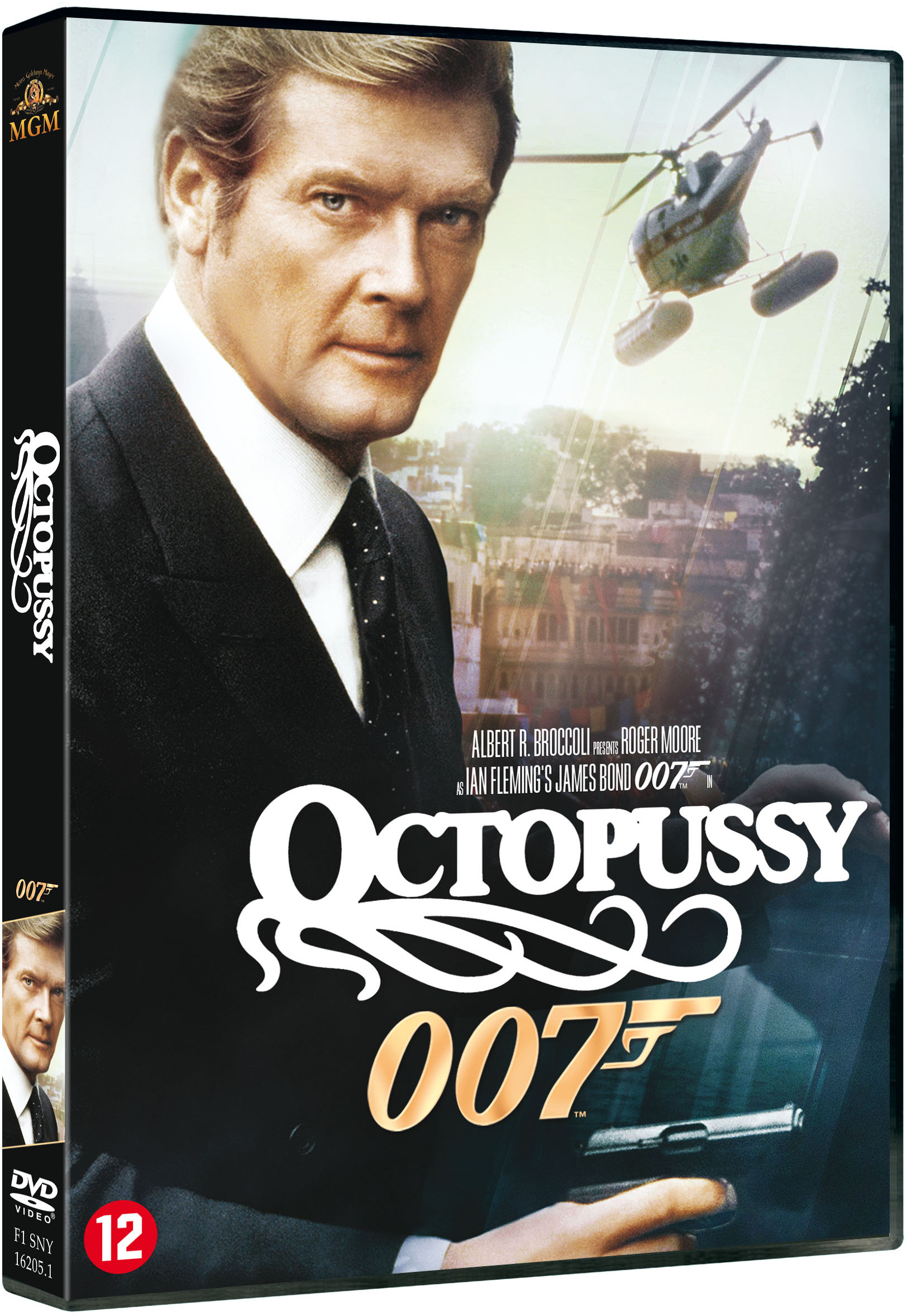 DVD-hoes van 'Octopussy' met Roger Moore, een helikopter en een pistool.