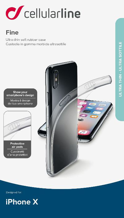 Un téléphone dans un étui transparent, présenté sur fond blanc. Le texte sur l'étui dit 'iPhone X'.