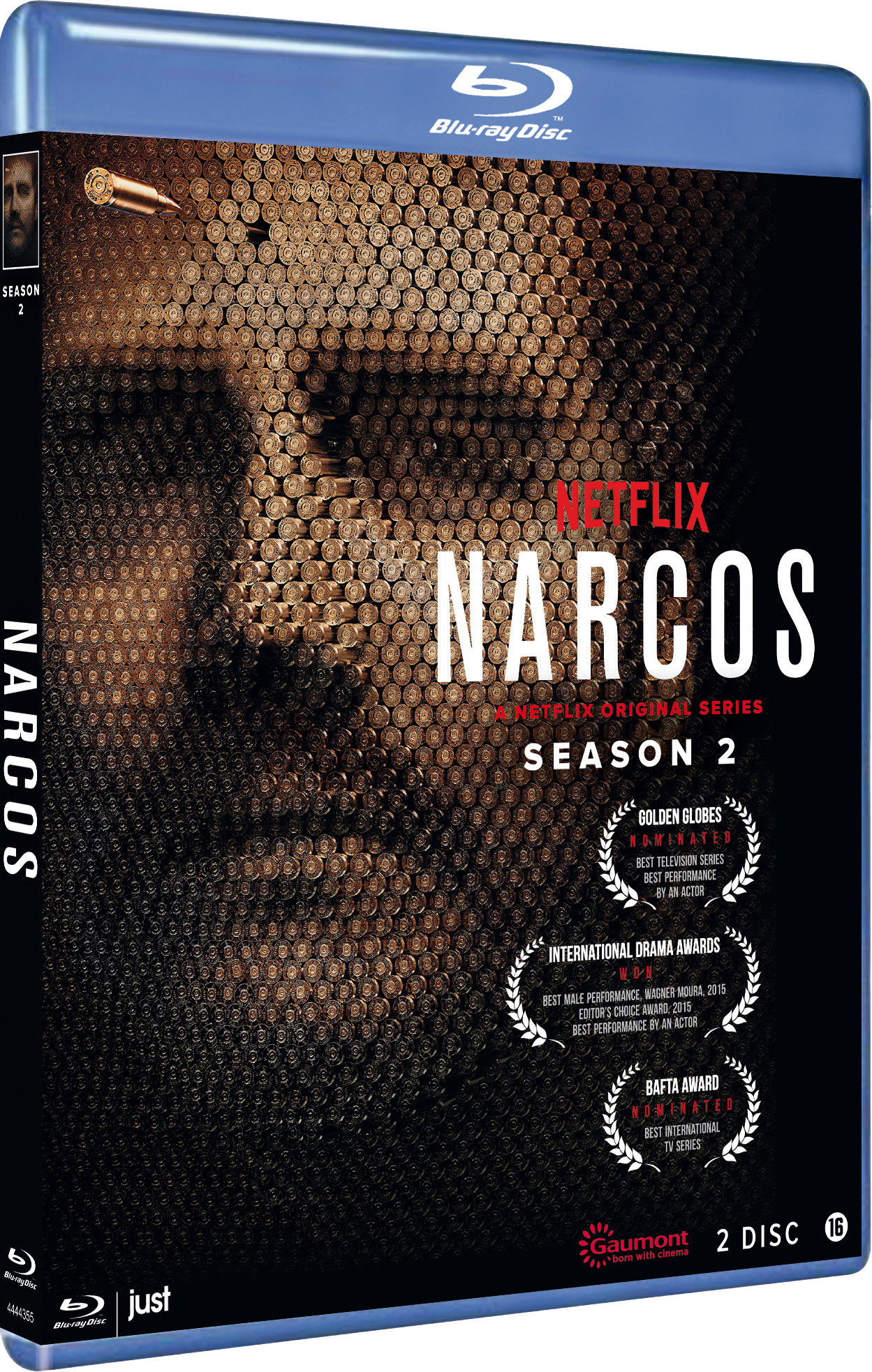 Disque Blu-ray de la saison 2 de Narcos. La couverture présente un visage avec un fond de douilles.