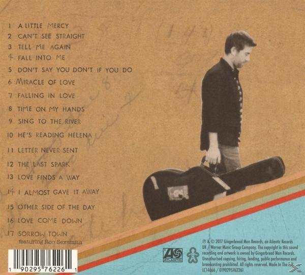 CD-Cover mit Songtiteln und einem Mann mit Gitarrenkoffer auf braunem und blauem Hintergrund.