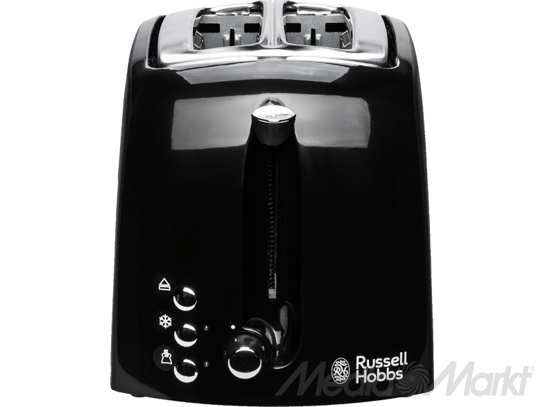 Egy fekete Russell Hobbs kenyérpirító vezérlőgombokkal és tárcsával fekete háttéren.