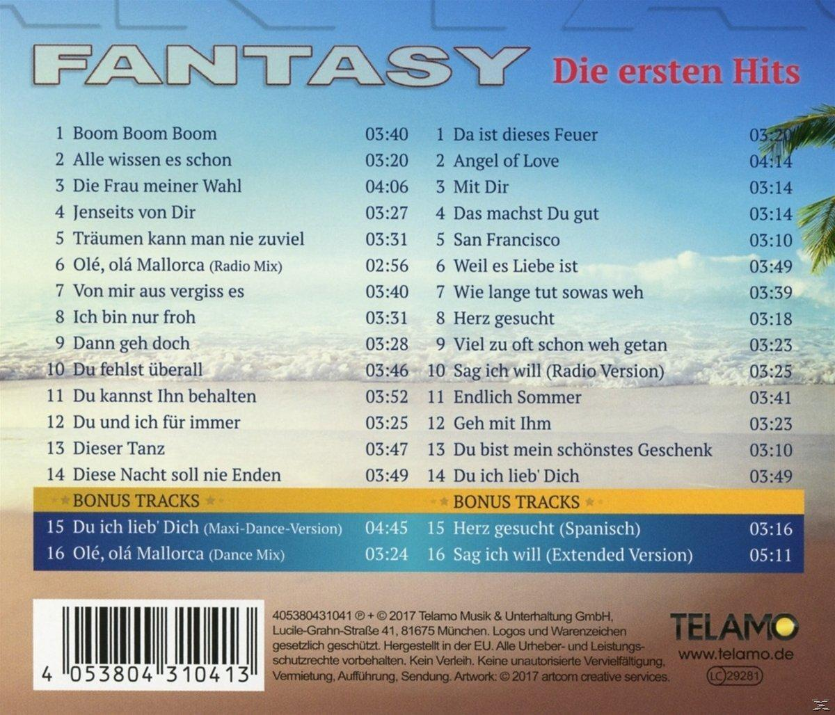 CD-Cover mit Text 'FANTASY Die ersten Hits'. Der Hintergrund zeigt eine Titelliste und ein TELAMO-Logo.